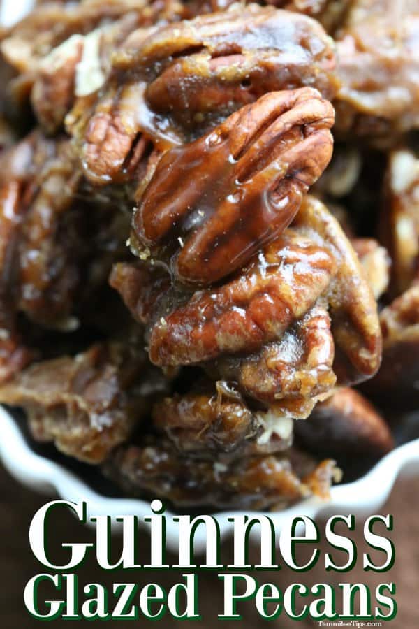 Guinness Glazed Pecans in a white bowl