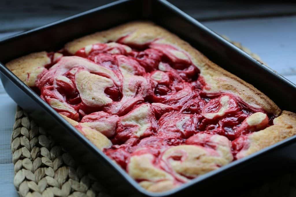 Cherry pie cake in a cake pan