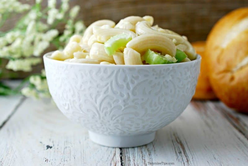 Macaroni salad in a white bowl