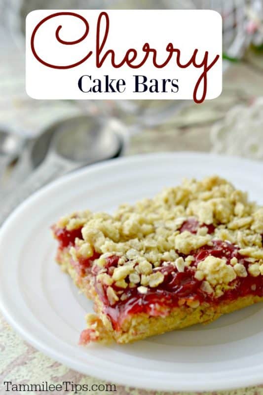 Cherry Cake Bars text over a white plate with a cherry cake bar square