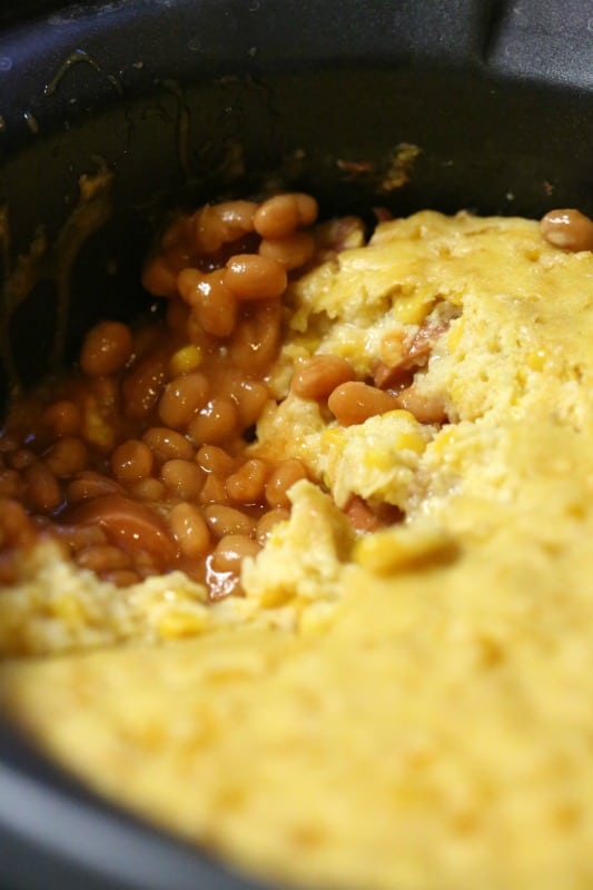 corn dog casserole in a slow cooker