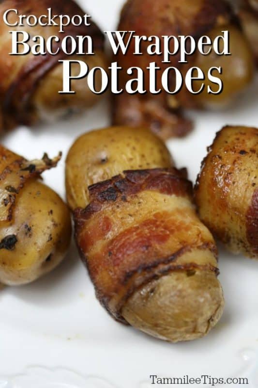 Crockpot bacon wrapped potatoes over a white plate with potatoes on it