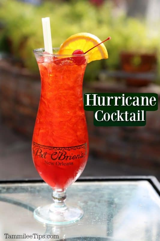 Hurricane Cocktail text next to a Pat O'Brien's New Orleans glass with a hurricane drink orange slice and cherry