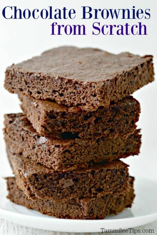 Classic Brownies from Scratch text over a white plate with brownies stacked on it. 