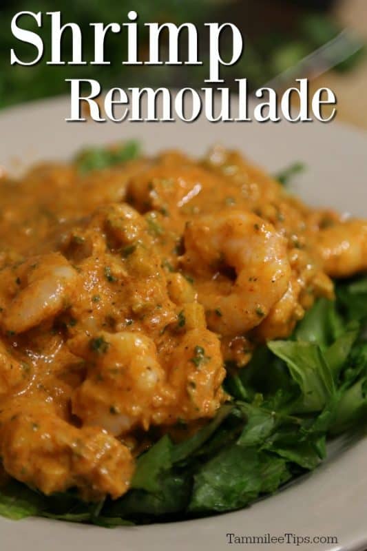 Shrimp Remoulade over a plate with greens and shrimp remoulade