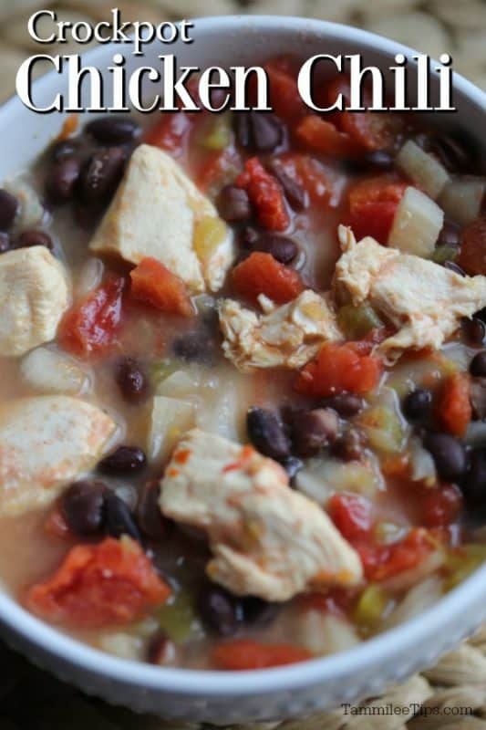 Crockpot chicken chili over a white bowl filled with chili