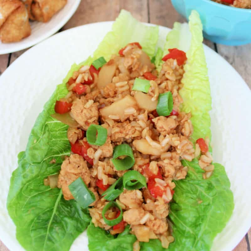 Asian chicken lettuce wrap on a white plate