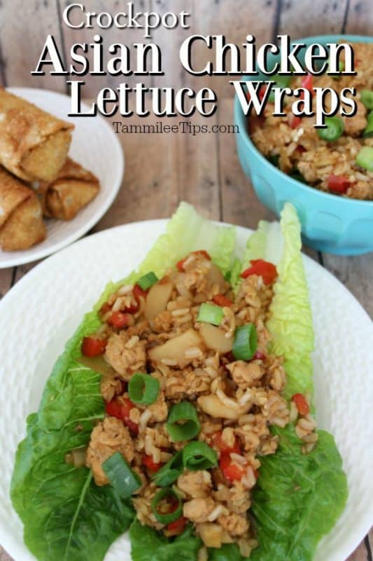 Crockpot Asian Chicken Lettuce Wraps over a white plate with a lettuce wrap on it. 