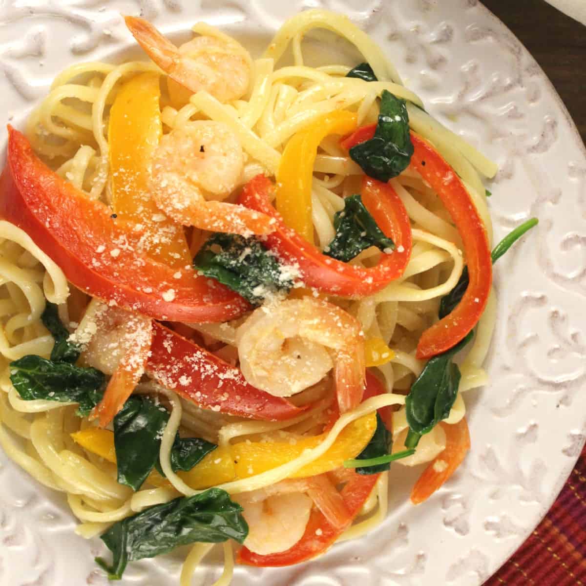 Garlic Shrimp Linguini on a white plate