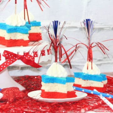 Firecracker Red White and Blue Cupcakes on a cake stand and small white plate