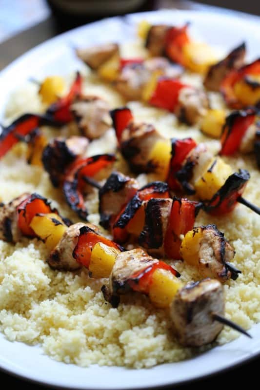 Easy Grilled Balsamic Chicken Skewers Recipe over a bed of rice