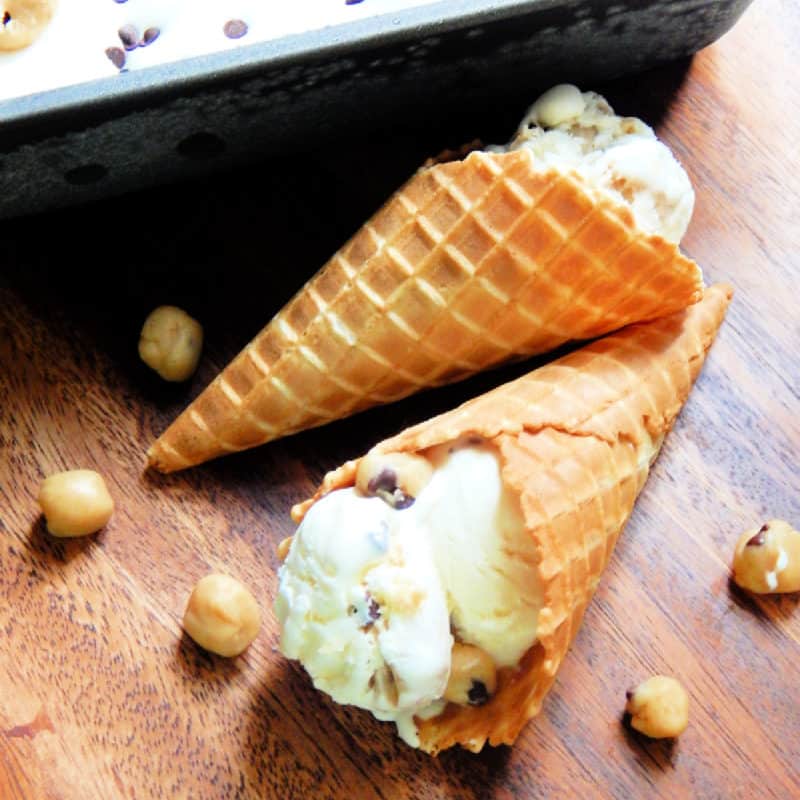 No Churn Chocolate Chip Cookie Dough Ice Cream in waffle cones