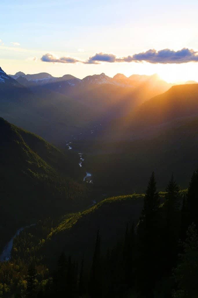 Sun setting on the Going to the Sun Road Glacier National Park