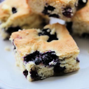 Blueberry Cake square on a white plate