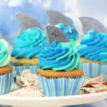 Shark cupcakes on a platter