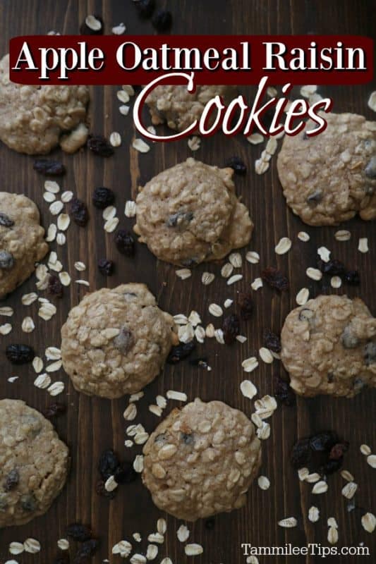Apple Oatmeal Raisin Cookies over a wooden board covered in cookies and oatmeal