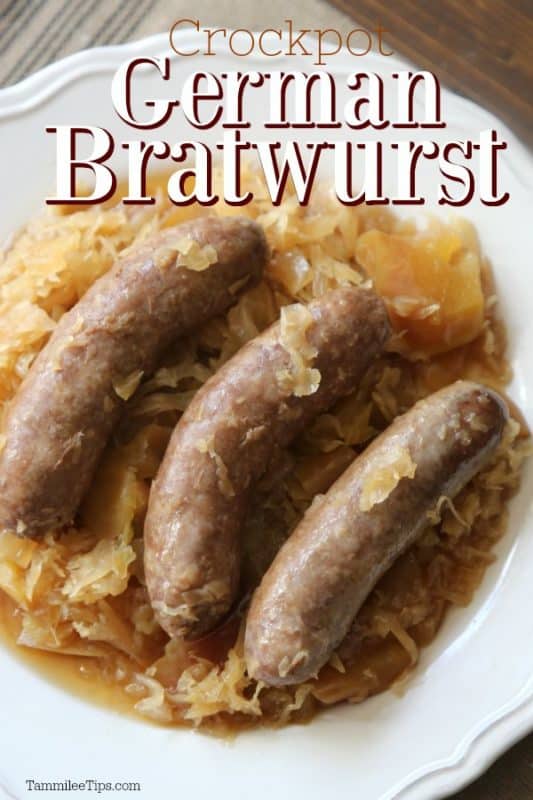 crockpot German bratwurst over a plate with 3 bratwurst and sauerkraut 