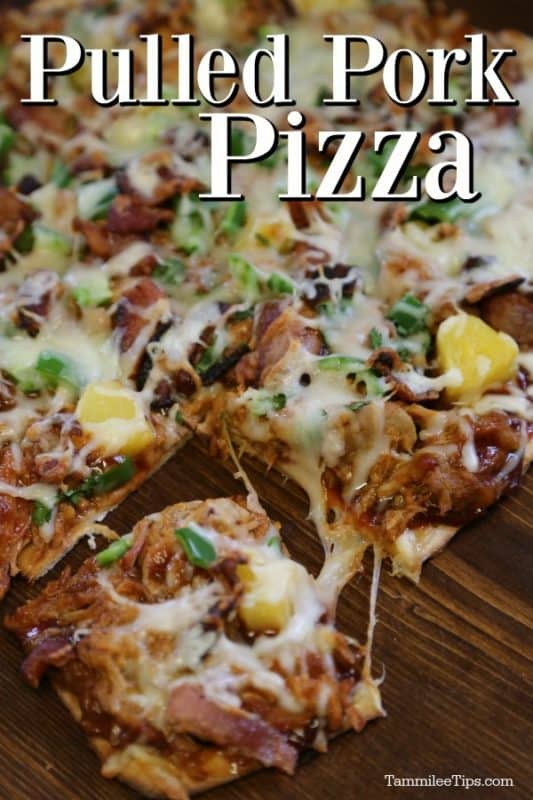 pulled pork pizza over a pizza with squares pieces cut 