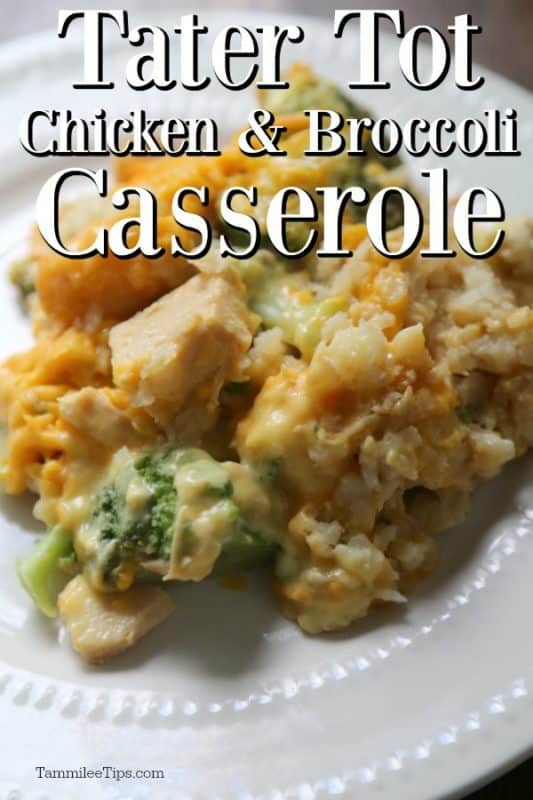 Tater Tot chicken and broccoli casserole over a white plate with casserole on it