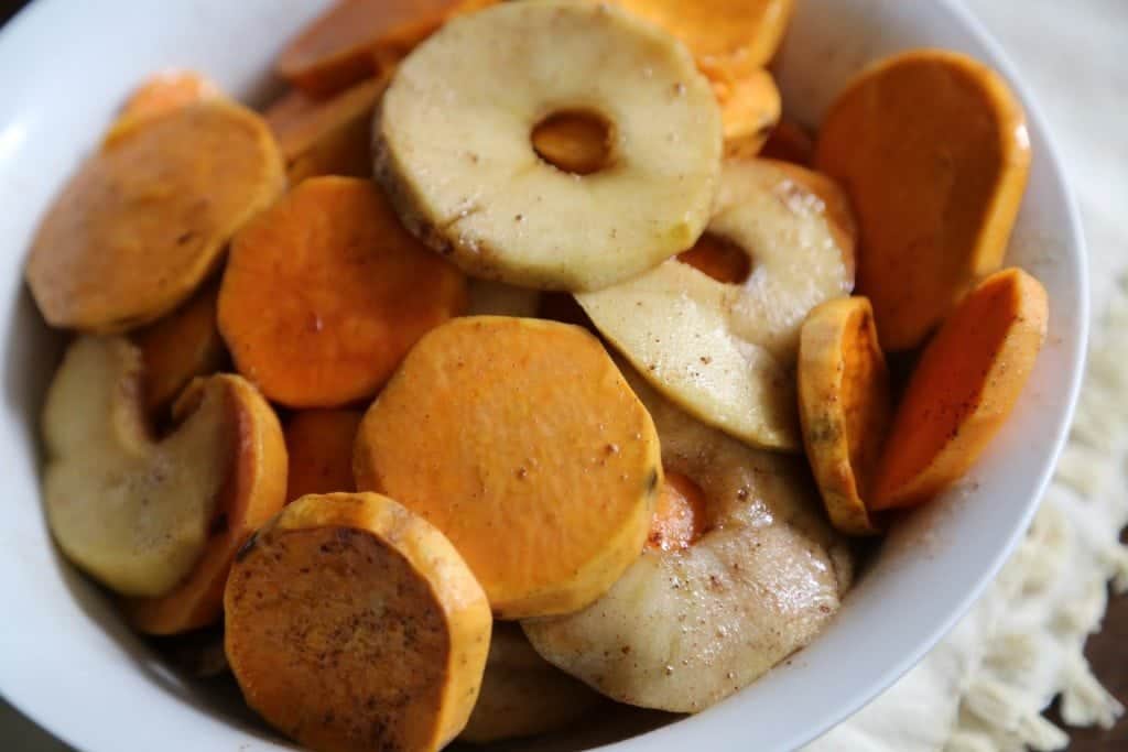 Crock Pot Apples and sweet potatoes in a white bowl