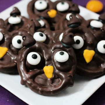 Pretzel Owls stacked on a white plate