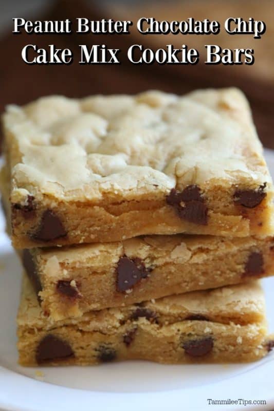 Peanut Butter Chocolate Chip Cake Mix Cookies Bars text over a plate with three chocolate chip cookie bars