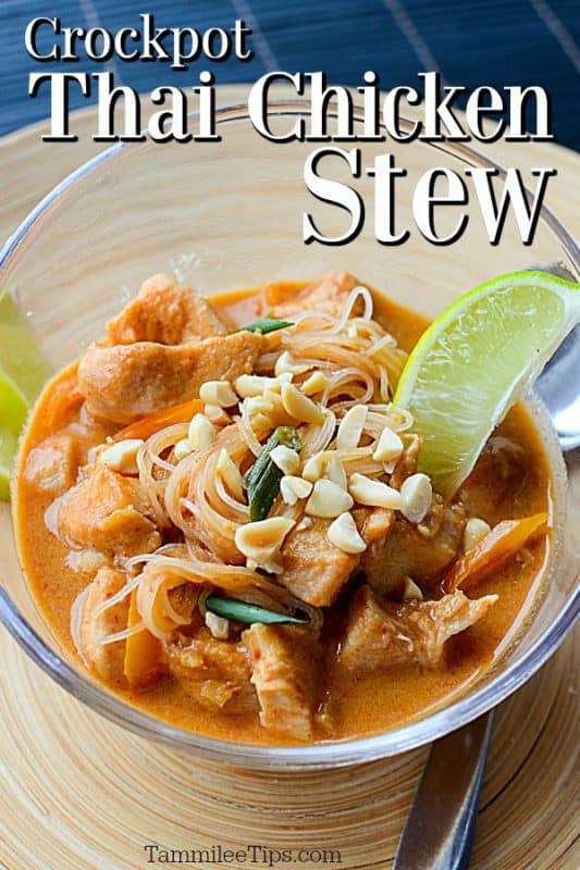 Crockpot Thai Chicken Stew over a glass bowl filled with stew and a lime slice