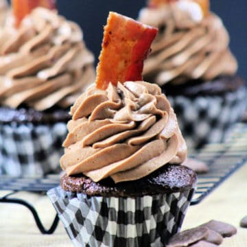 Double Chocolate Bacon Cupcake with paper liner