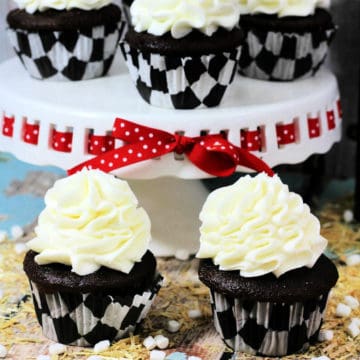 Hot Chocolate Cupcake in paper wrappers and on a cake stand