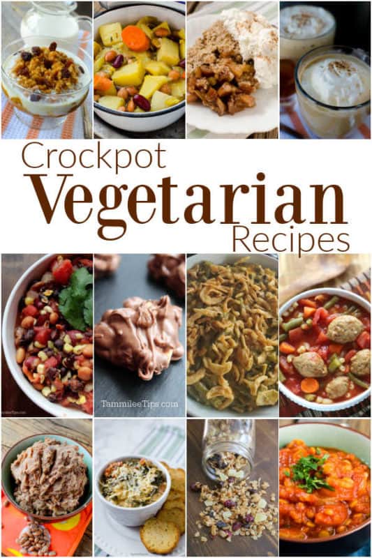 Crockpot Vegetarian Recipes text in a collage of multiple vegetarian recipes