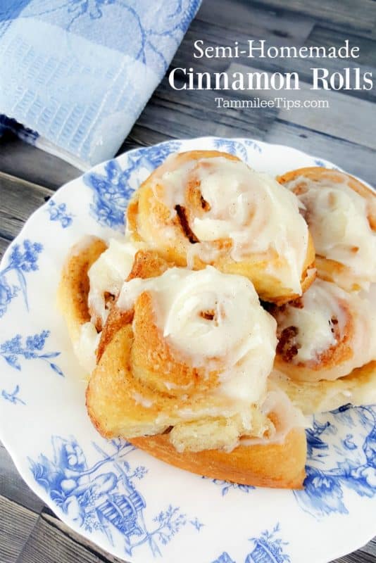 Semi-Homemade Cinnamon Rolls text over a white and blue plate with a stack of iced cinnamon rolls. 