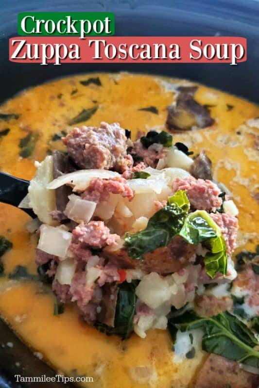 Crockpot Zuppa Toscana Soup over a large spoon lifting soup out of the slow cooker