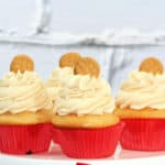 Nutter Butter Cupcakes in red paper wrappers on a white plate