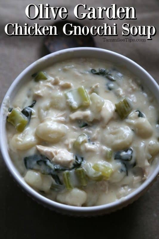 Olive Garden Chicken Gnocchi Soup over a white bowl with chicken, gnocchi, celery and leafy greens