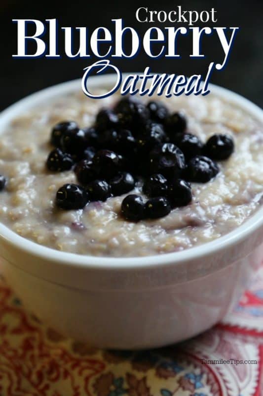 Crockpot Blueberry Oatmeal over a white bowl filled with oatmeal topped with blueberries