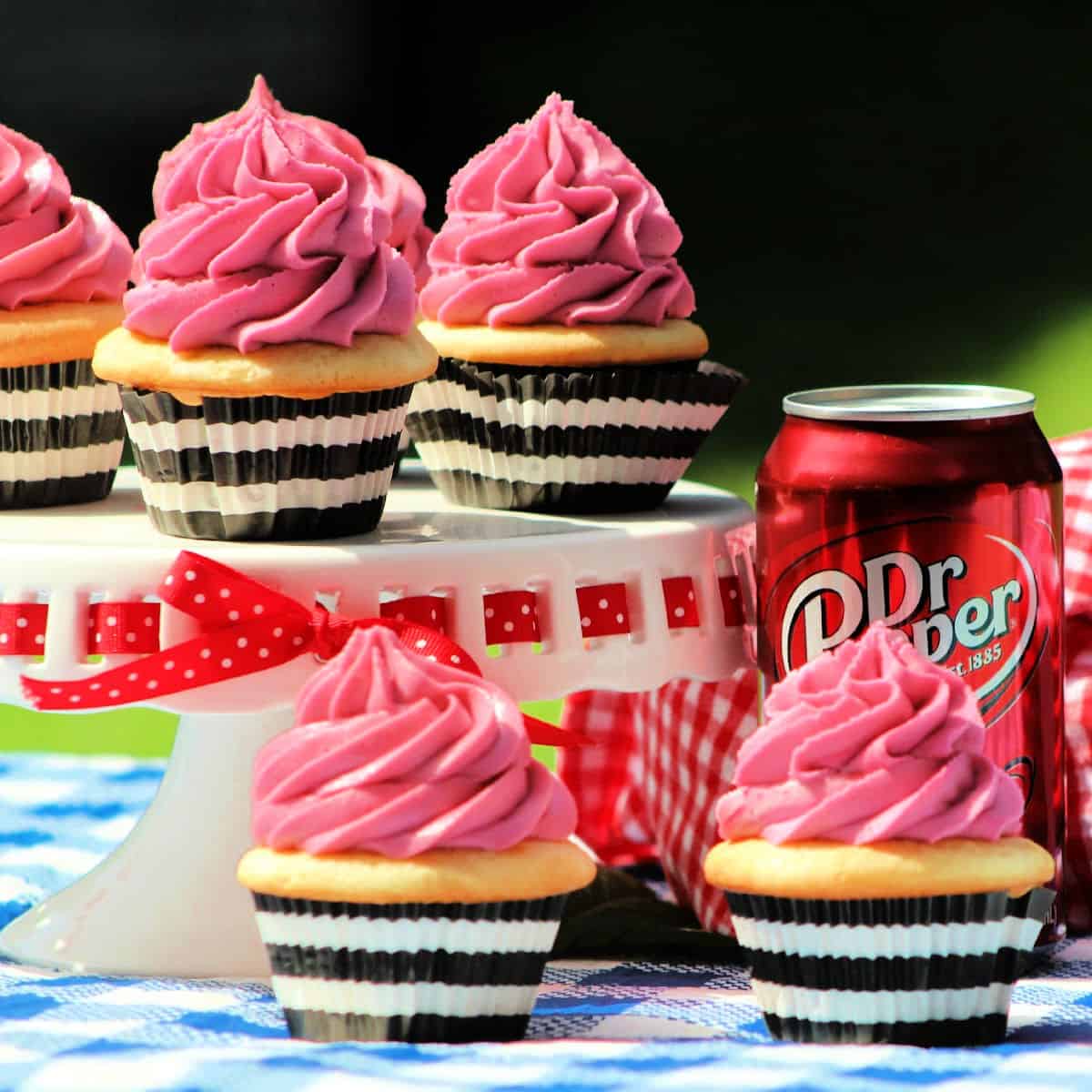 Dr. Pepper Cupcakes on a cake stand