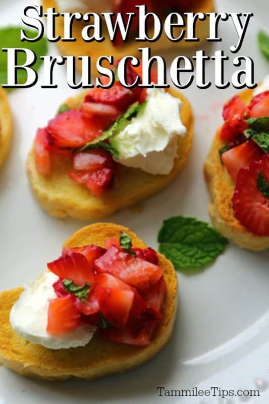 Strawberry Bruschetta over a platter filled with strawberry bruschetta and mint leaves