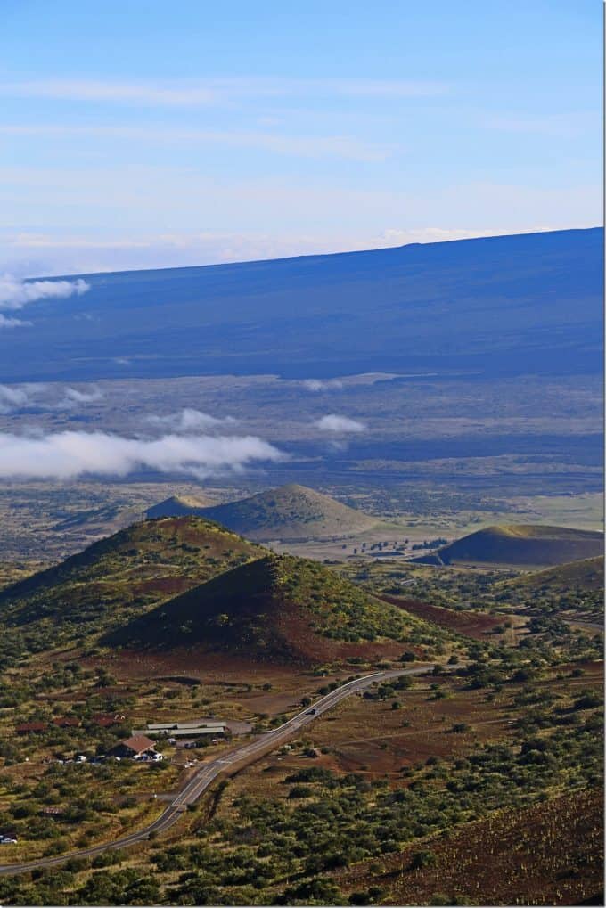 looking down to visitor center at 9000 feet elevation on Mauna Kea Big Island of Hawaii