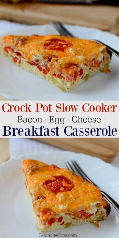 crockpot bacon egg and cheese breakfast casserole on a whilte plate