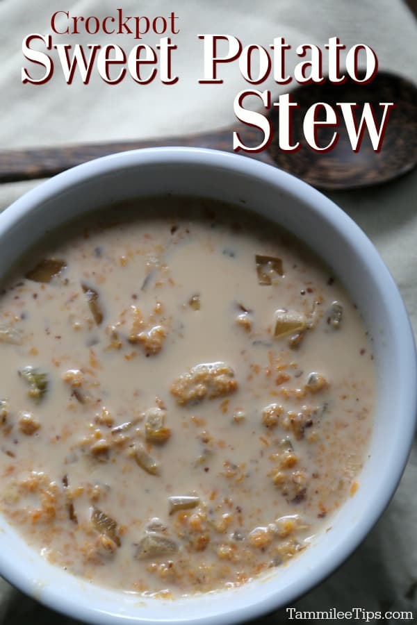 Crockpot Sweet Potato Stew printed over a white bowl filled with stew