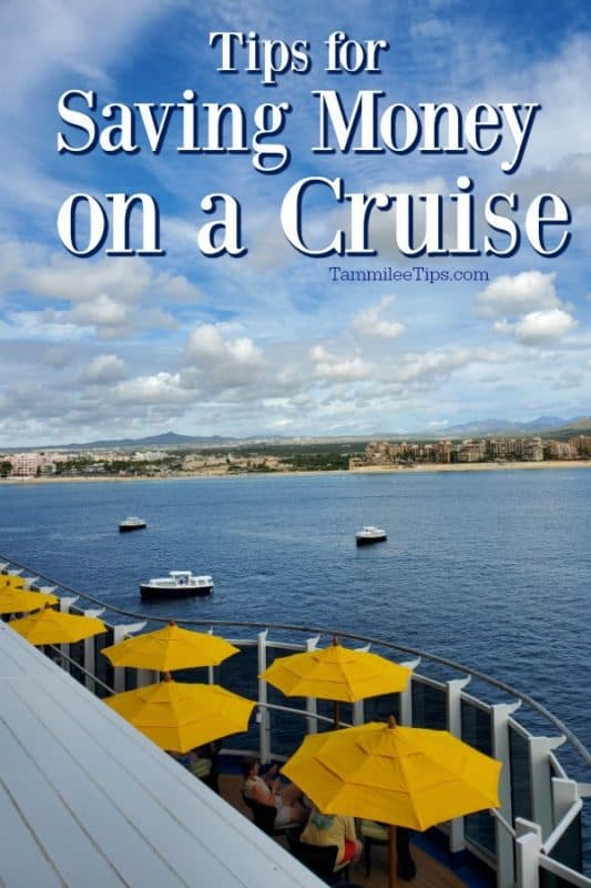 Tips for saving money on a cruise text above the side of a cruise ship with tender boats near it