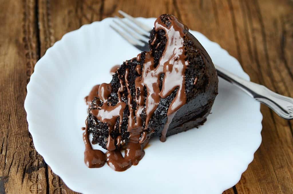 Chocolate dump cake on a white plate