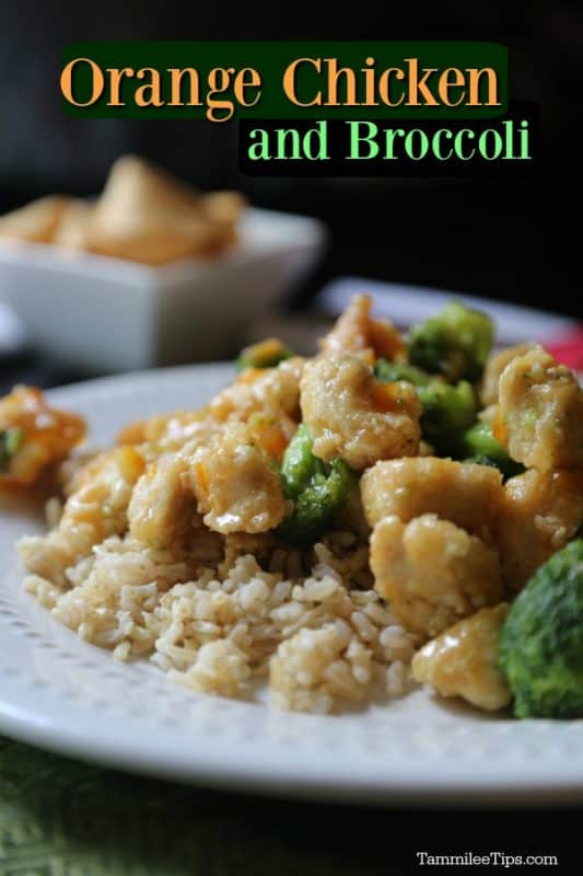 Take Out Style Orange Chicken and Broccoli over a bed of white rice on a white plate