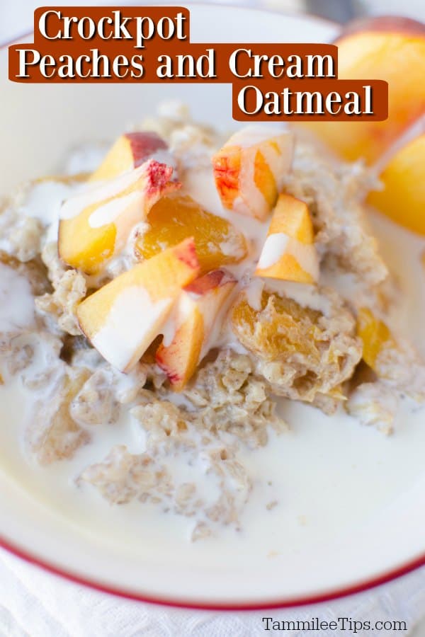 Close up image of crockpot peaches and cream oatmeal recipe in a white bowl with red rim