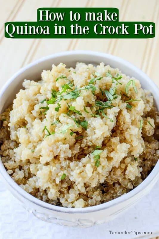 How to make Quinoa in the crockpot over a white bowl filled with quinoa