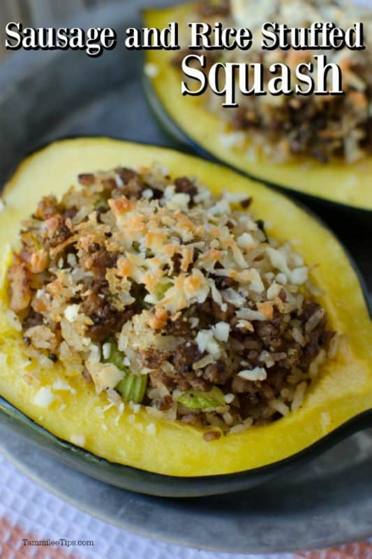 Sausage and Rice Stuffed Squash text written above 2 Stuffed Acorn Squash with Sausage and Rice