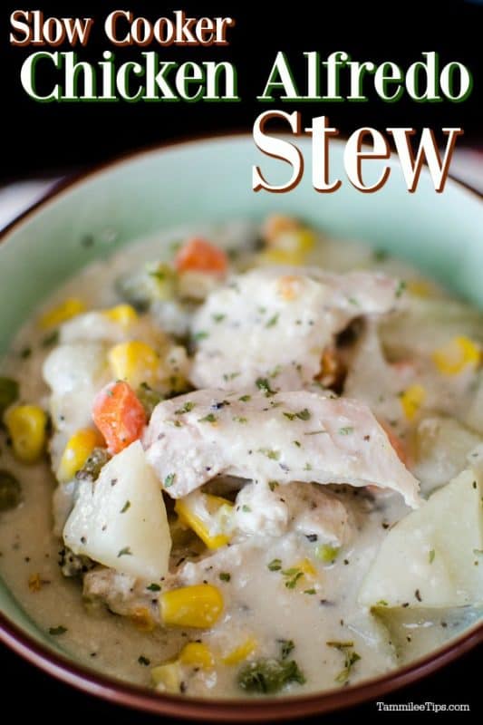 Slow Cooker Chicken Alfredo Stew over a bowl filled with chicken, vegetables, and stew