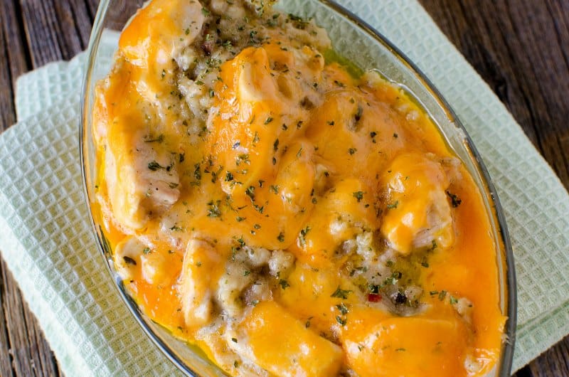 crockpot chicken and dressing in a small bowl on a cloth napkin