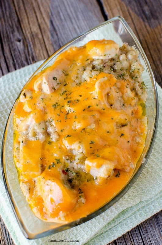 crockpot chicken and dressing in a glass bowl on a cloth napkin