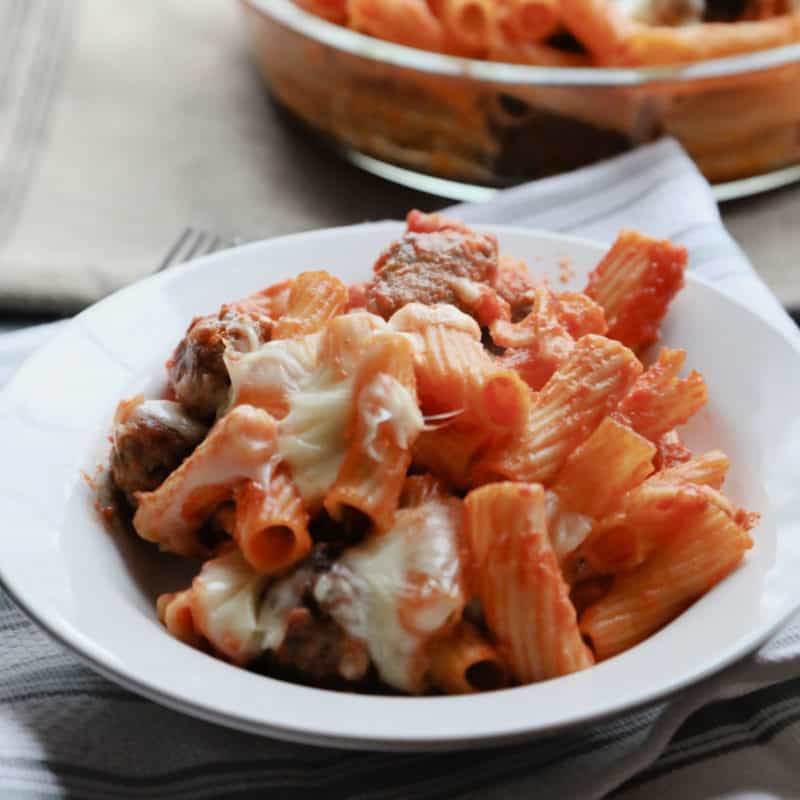 Baked Rigatoni with Mini Meatballs in a white bowl